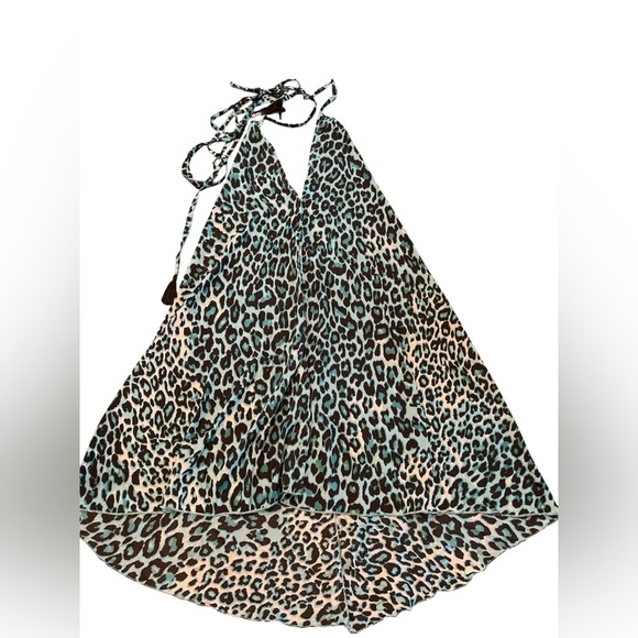 India Boutique Chic Teal Leopard Print Silk Swim Cover-Up Tunic Mini Dress NWT - Picture 7 of 7